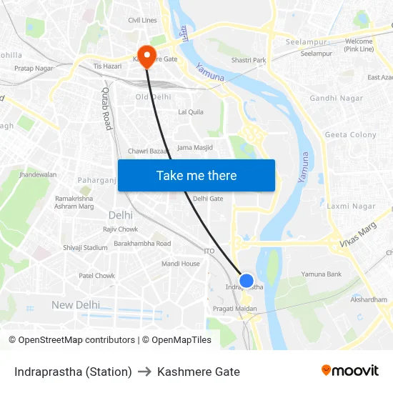 Indraprastha (Station) to Kashmere Gate map