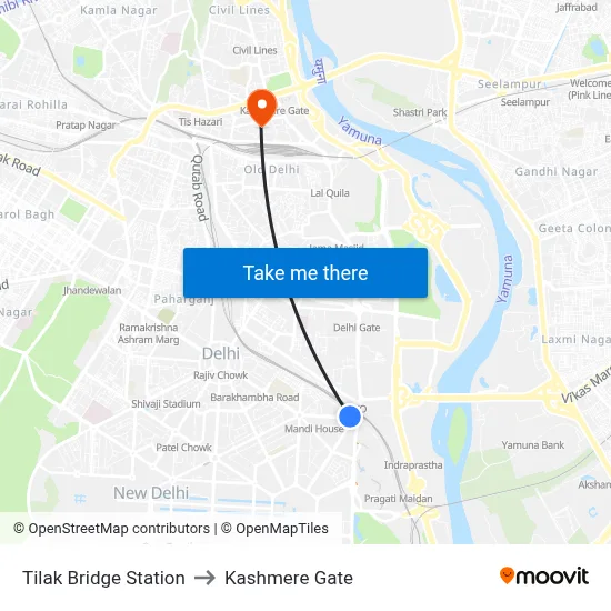 Tilak Bridge Station to Kashmere Gate map