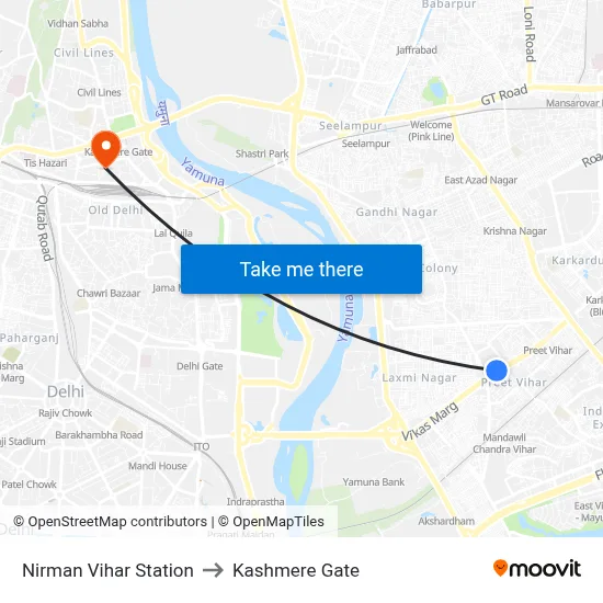 Nirman Vihar Station to Kashmere Gate map