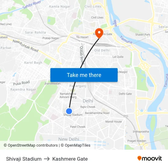 Shivaji Stadium to Kashmere Gate map