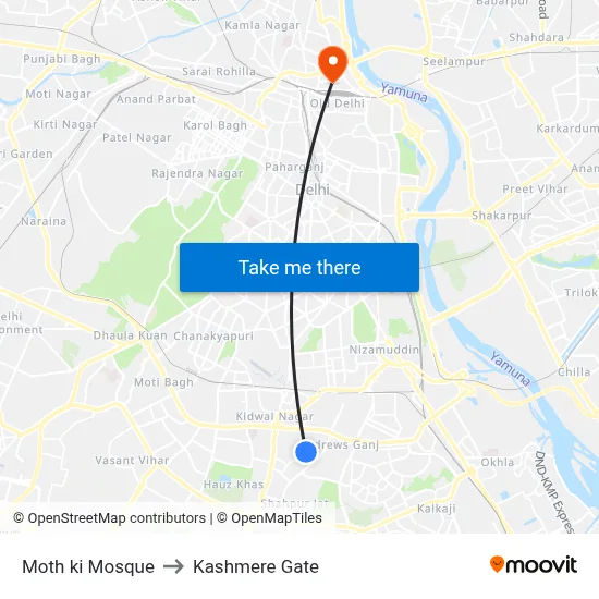 Moth ki Mosque to Kashmere Gate map
