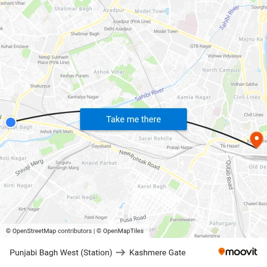 Punjabi Bagh West (Station) to Kashmere Gate map
