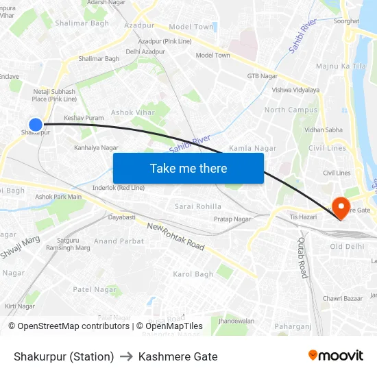 Shakurpur (Station) to Kashmere Gate map