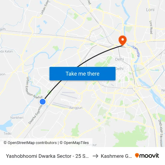 Yashobhoomi Dwarka Sector - 25 Station to Kashmere Gate map