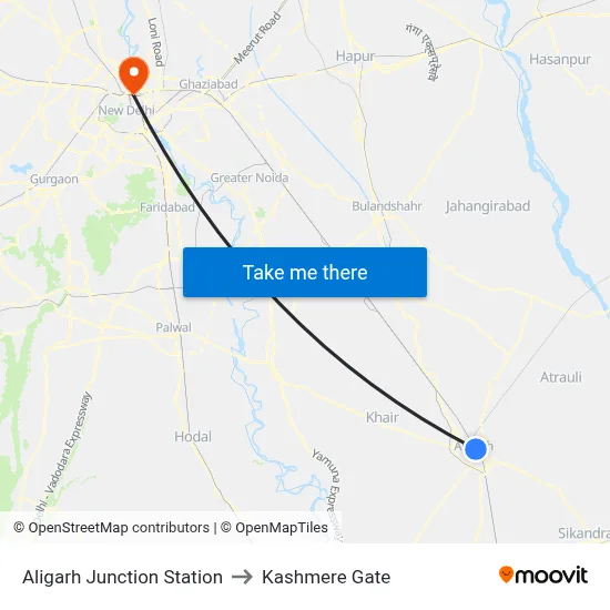 Aligarh Junction Station to Kashmere Gate map