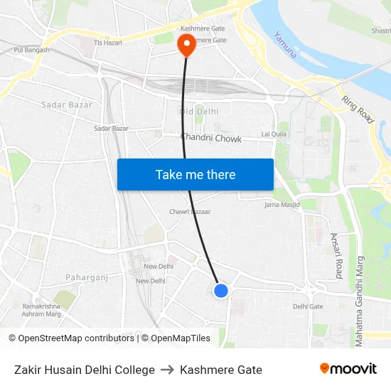 Zakir Husain Delhi College to Kashmere Gate map