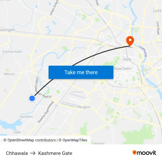 Chhawala to Kashmere Gate map