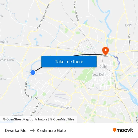 Dwarka Mor to Kashmere Gate map