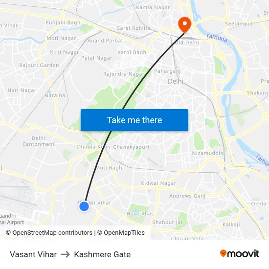 Vasant Vihar to Kashmere Gate map
