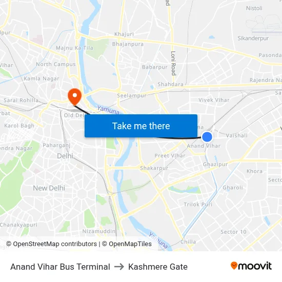 Anand Vihar Bus Terminal to Kashmere Gate map