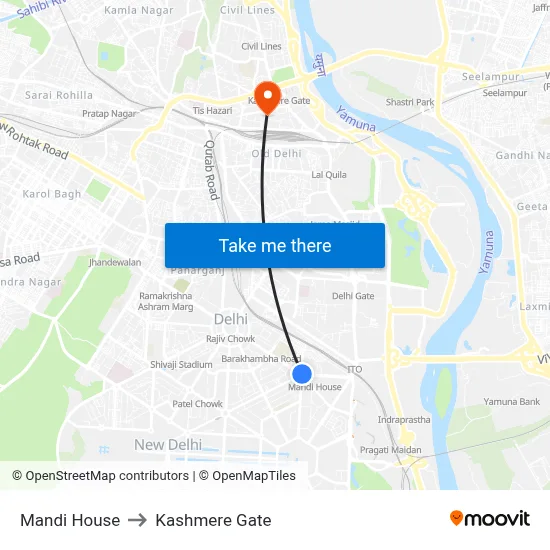 Mandi House to Kashmere Gate map