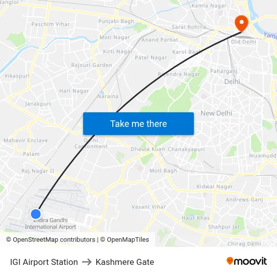 IGI Airport Station to Kashmere Gate map