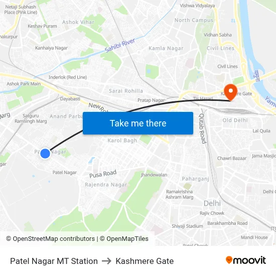 Patel Nagar MT Station to Kashmere Gate map