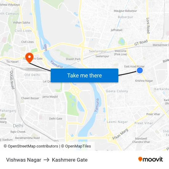 Vishwas Nagar to Kashmere Gate map