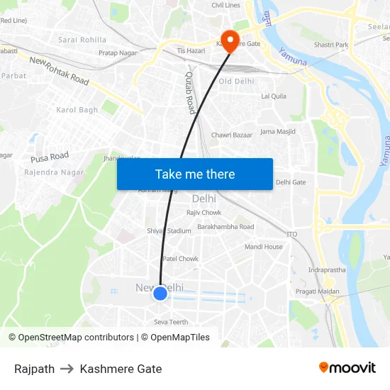 Rajpath to Kashmere Gate map