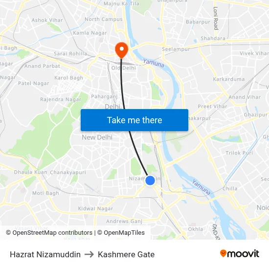 Hazrat Nizamuddin to Kashmere Gate map
