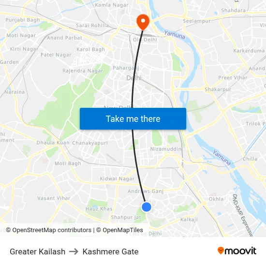 Greater Kailash to Kashmere Gate map