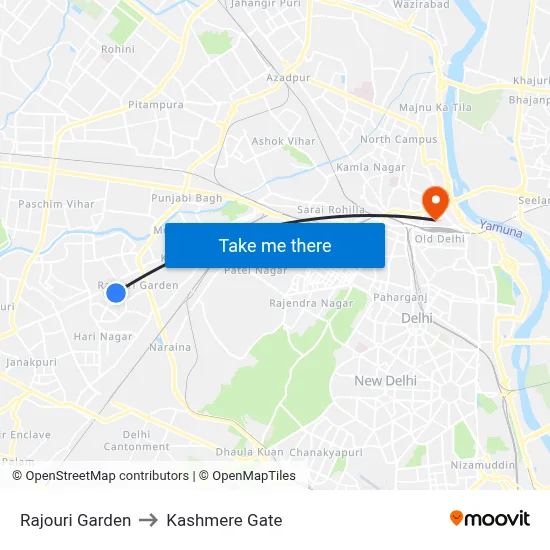 Rajouri Garden to Kashmere Gate map