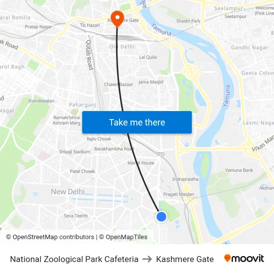National Zoological Park Cafeteria to Kashmere Gate map