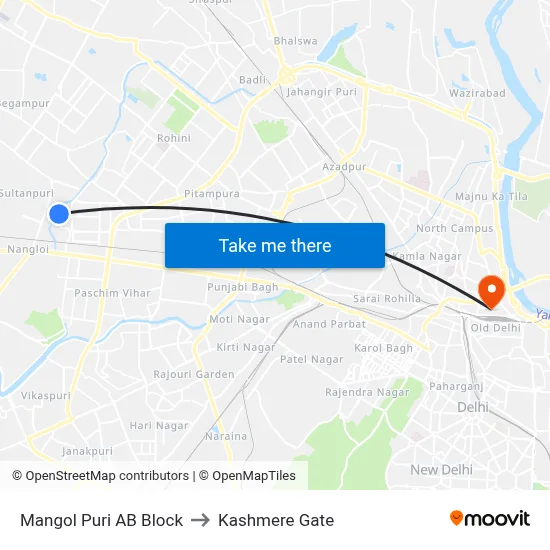 Mangol Puri AB Block to Kashmere Gate map