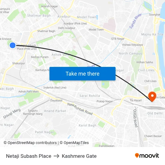 Netaji Subash Place to Kashmere Gate map