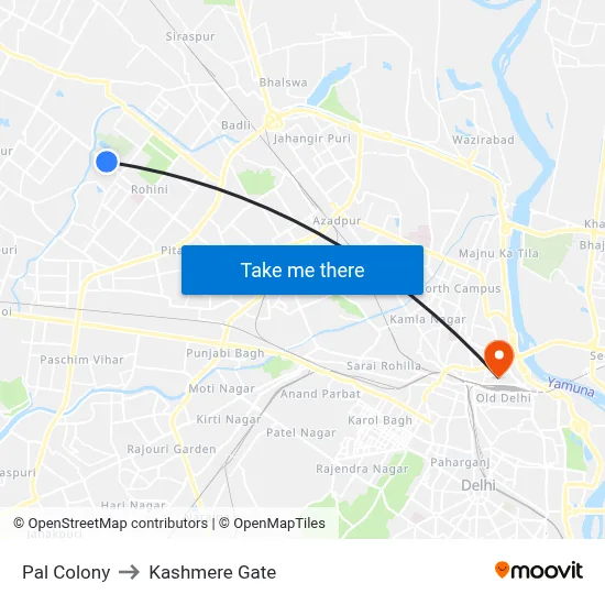 Pal Colony to Kashmere Gate map