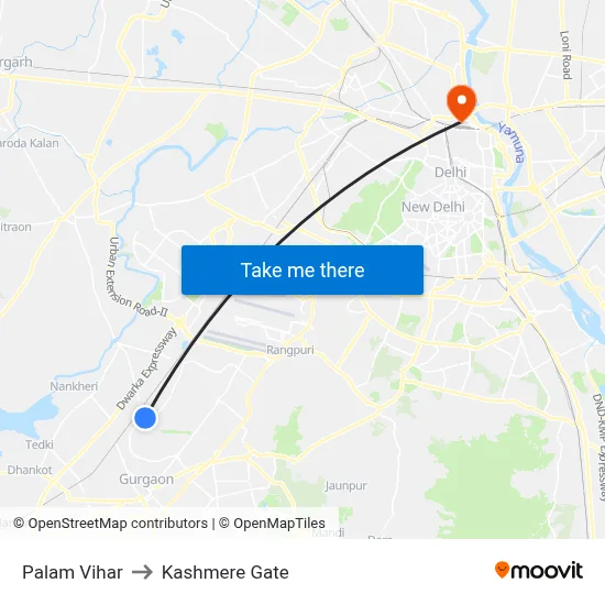 Palam Vihar to Kashmere Gate map
