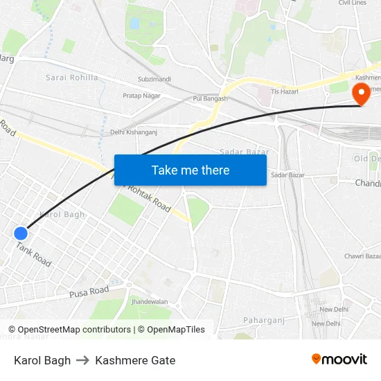 Karol Bagh to Kashmere Gate map