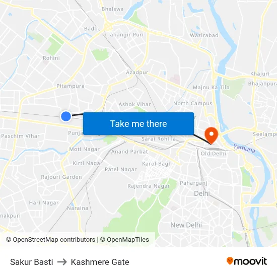 Sakur Basti to Kashmere Gate map