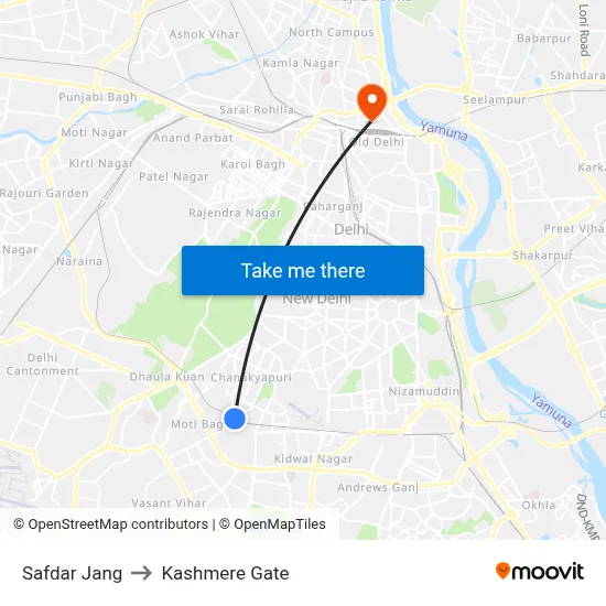 Safdar Jang to Kashmere Gate map