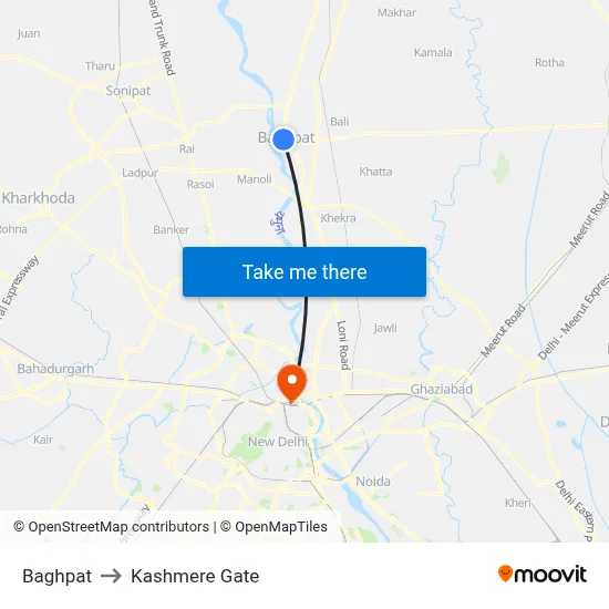 Baghpat to Kashmere Gate map