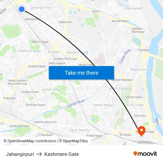 Jahangirpuri to Kashmere Gate map