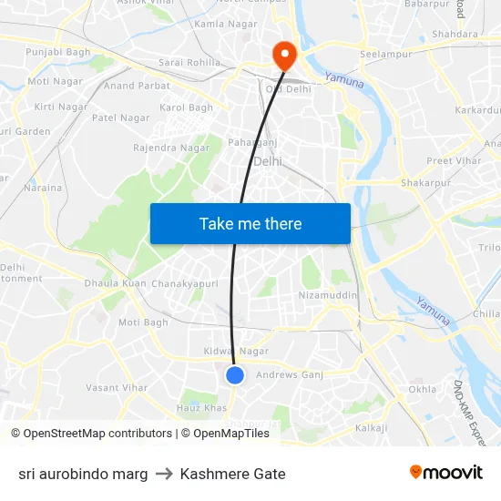 sri aurobindo marg to Kashmere Gate map
