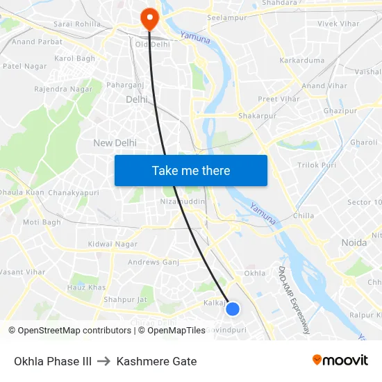 Okhla Phase III to Kashmere Gate map