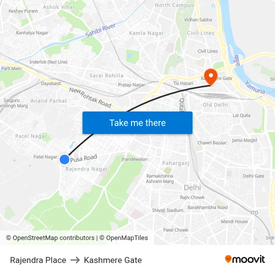 Rajendra Place to Kashmere Gate map