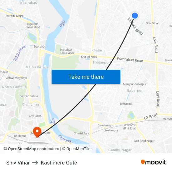 Shiv Vihar to Kashmere Gate map