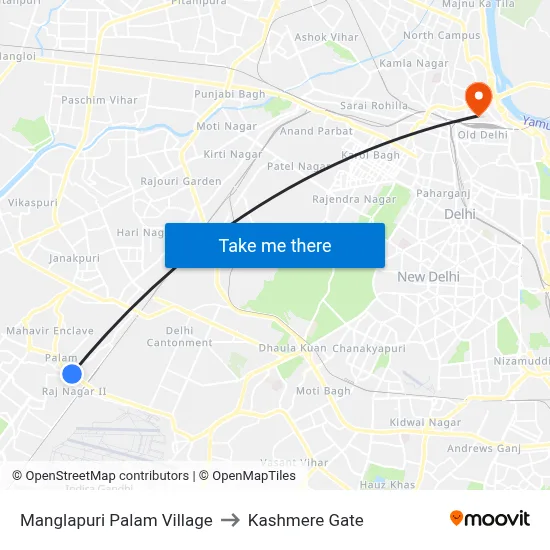 Manglapuri Palam Village to Kashmere Gate map