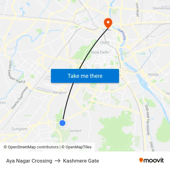 Aya Nagar Crossing to Kashmere Gate map