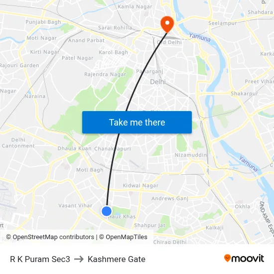 R K Puram Sec3 to Kashmere Gate map