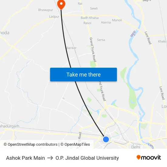 Ashok Park Main to O.P. Jindal Global University map