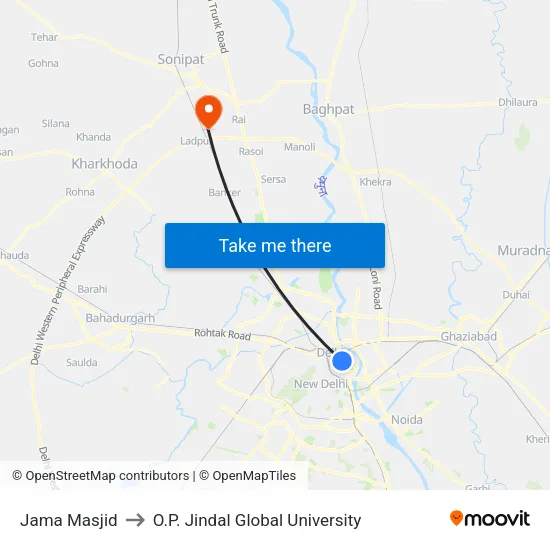 Jama Masjid to O.P. Jindal Global University map