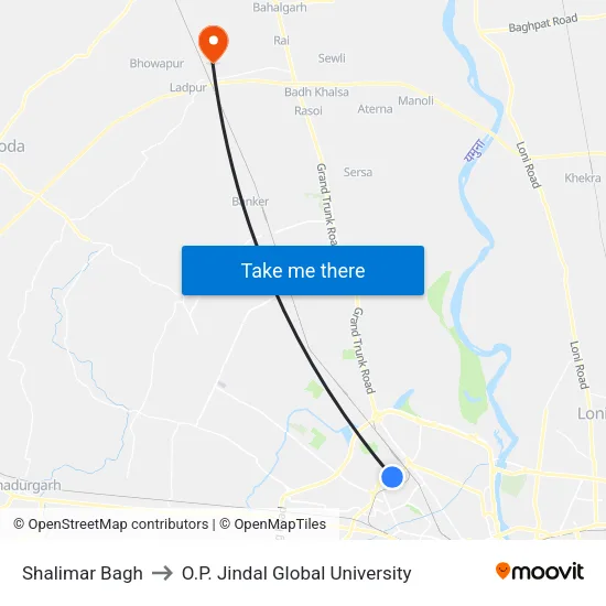 Shalimar Bagh to O.P. Jindal Global University map