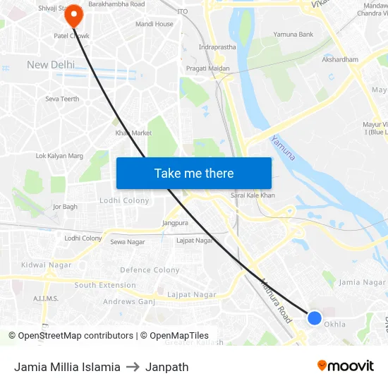 Jamia Millia Islamia to Janpath map