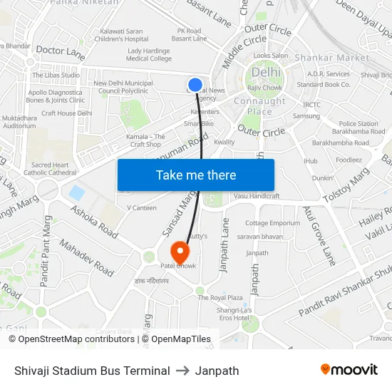 Shivaji Stadium Bus Terminal to Janpath map
