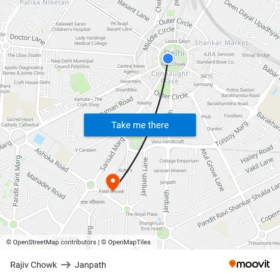 Rajiv Chowk to Janpath map