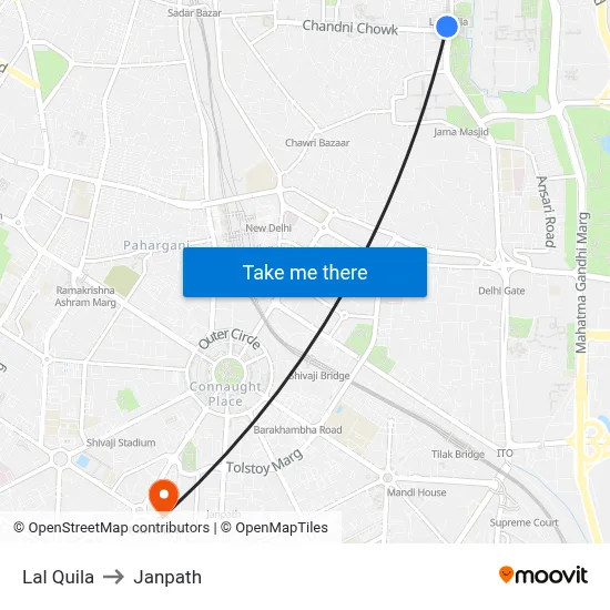 Lal Quila to Janpath map