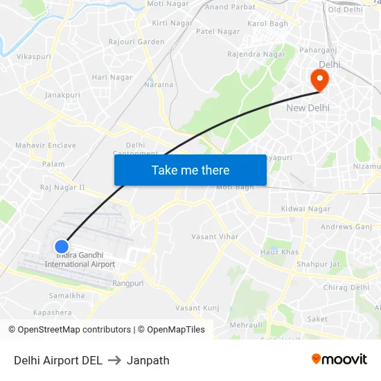 Delhi Airport DEL to Janpath map
