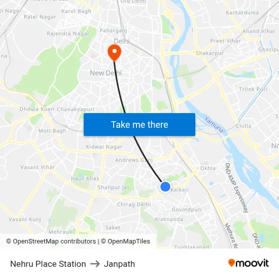 Nehru Place Station to Janpath map
