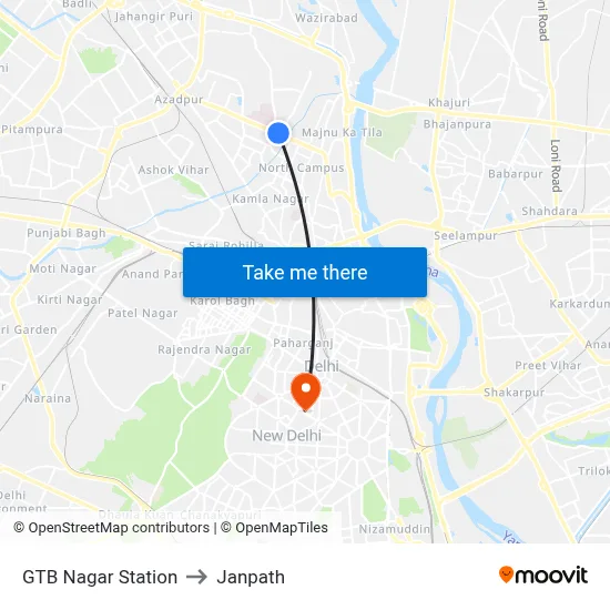 GTB Nagar Station to Janpath map