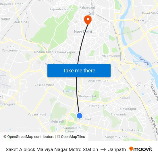 Saket A block Malviya Nagar Metro Station to Janpath map
